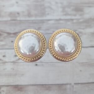 Vintage Clip On Earrings Very Large Statement Gold Tone & Cream